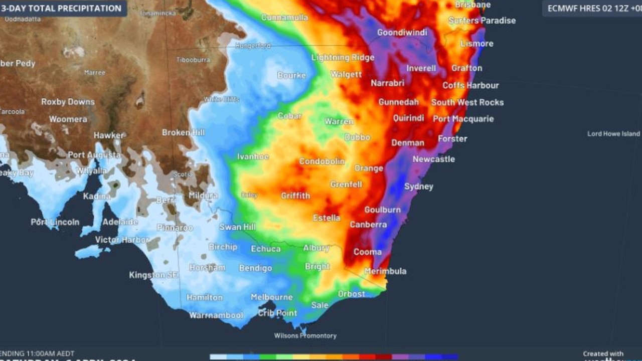 Over three days more than 200mm of rain could fall in some places. Picture: Weatherzone.