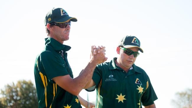 Gold Coast lawn bowler Nathan Rice with Brett Wilkie. Picture: BOWLS AUSTRALIA