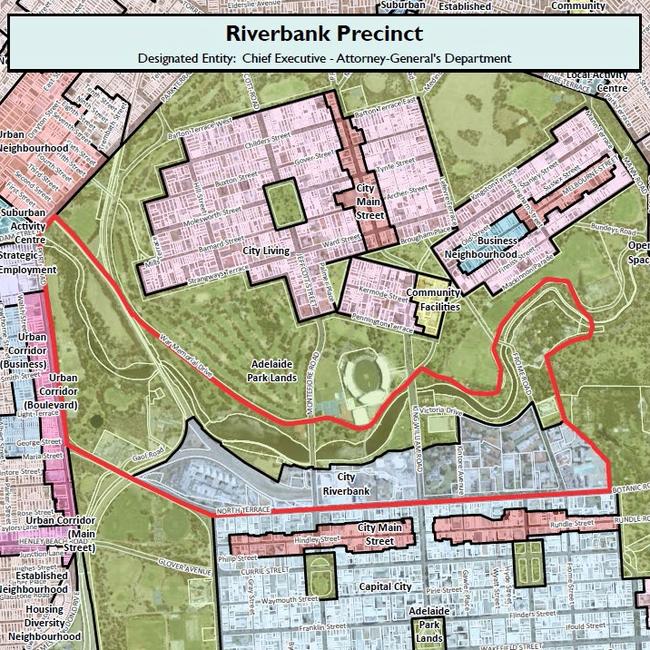 The proposed Riverbank Precinct zoning changes will affect the area within the red line. Picture: Adelaide City Council