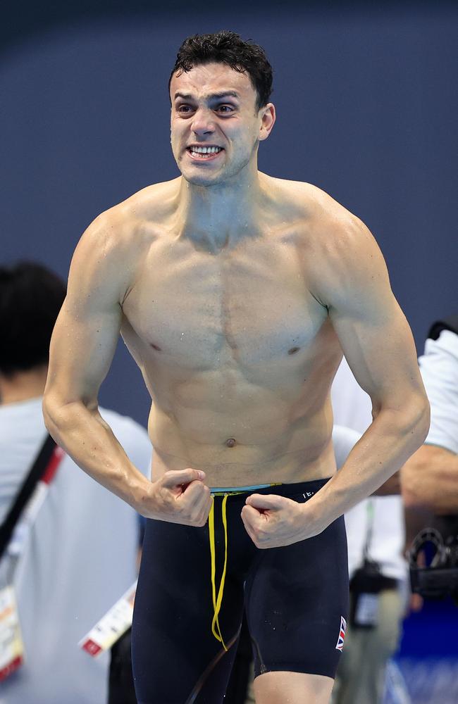 Great Britain's 4 x 200m Men's Relay team celebrate winning Gold at the Tokyo Aquatic Centre at the 2020 Tokyo Olympics. Pics Adam Head