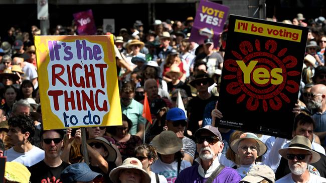 A ‘Walk for Yes’ rally in Melbourne on September 17, 2023. Picture: William West/AFP