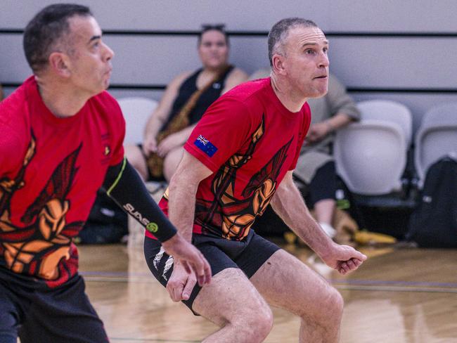 Action as Sparta v the Crippled Wombats in the Pan Pacific Masters Games Volleyball tournament. Picture: Glenn Campbell