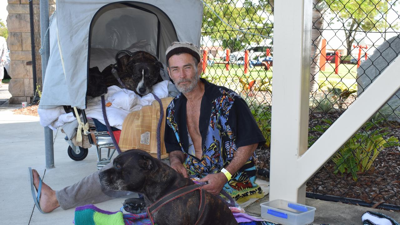 Bradley Lovett with his three dogs Doody Doo, Maxy Moo and Chinny Choo at Homeless Connect 2022 at Rockhampton Showgrounds on May 19. Picture: Aden Stokes