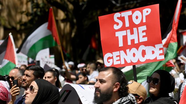 One attendee held a sign emblazoned with “stop the genocide”. Picture: NCA NewsWire / Jeremy Piper