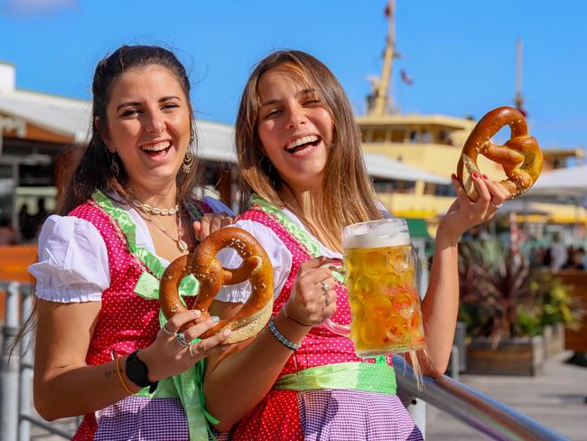 Ines Perez and Camila Lopez get ready for Oktoberfest at The Bavarian Manly Wharf. Picture: Jenifer Jagielski