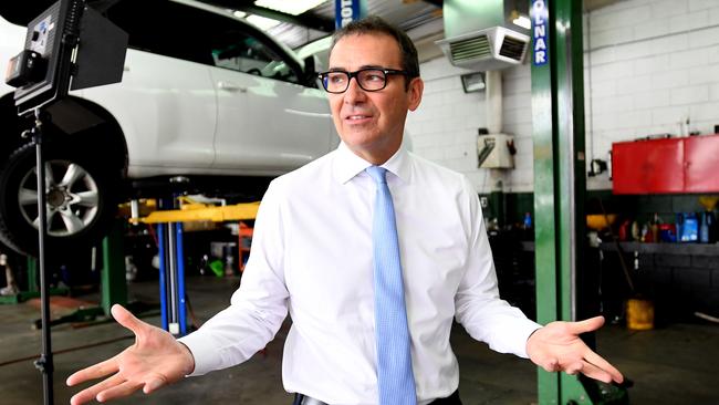 Liberal leader Steven Marshall makes his final pre-election pitch during a visit to Ultra Tune Unley. Picture: Tracey Nearmy/AAP