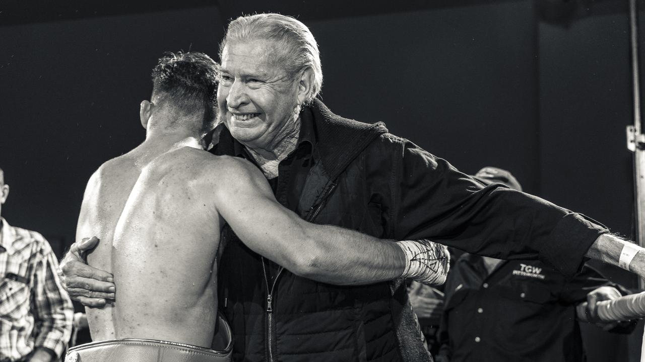 Pittsworth boxer Jackson 'Stoneleigh' Griffiths with Brad Smith after defending his Australasia Welterweight Title belt on June 14 2024. Picture: Darren Burns.