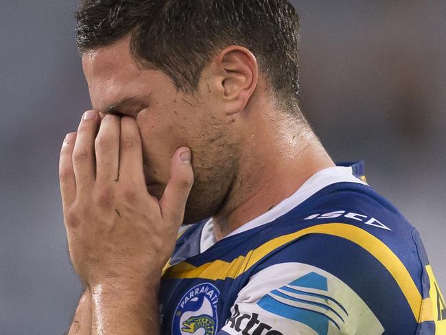 Mitchell Moses of the Eels reacts at full time during the Round 5 NRL match between the Parramatta Eels and the Penrith Panthers at ANZ Stadium in Sydney, Sunday, April 8, 2018. (AAP Image/Craig Golding) NO ARCHIVING, EDITORIAL USE ONLY