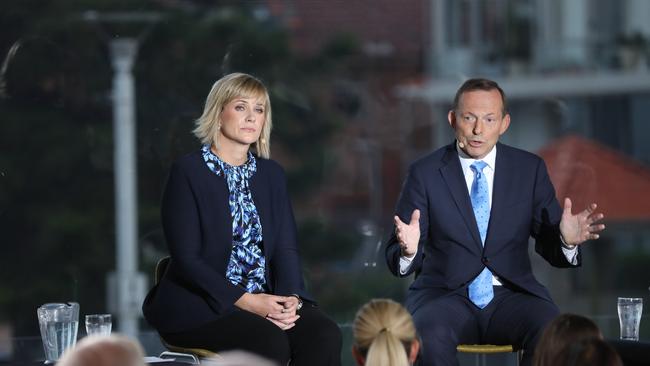 Warringah candidates Tony Abbott and Zali Steggall during the debate. Picture: Damian Shaw/ NEWS CORP AUSTRALIA