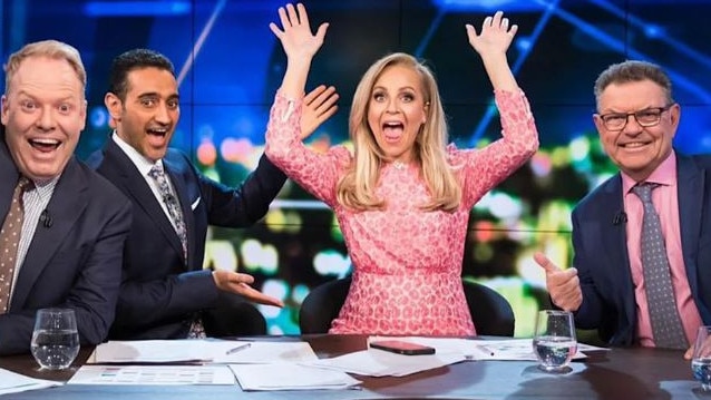 Steve Price with his The Project colleagues Peter Helliar, Waleed Aly and Carrie Bickmore. He will mark 50 years in the media this year. Photo: Channel 10