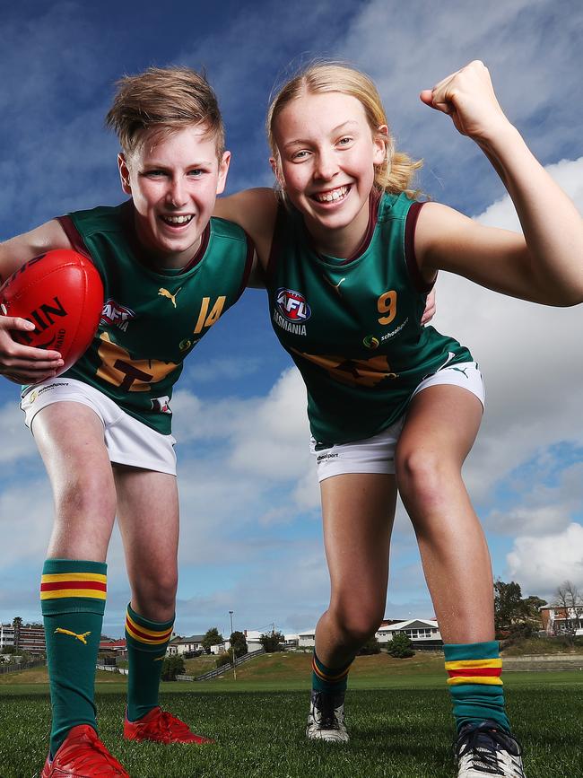 Tasmanian Devils juniors Oliver Cunningham and Claire Ransom. Picture: Zak Simmonds