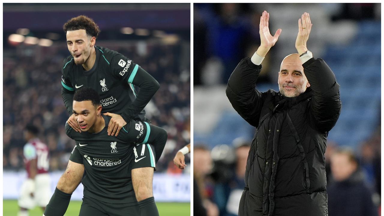 Liverpool's Trent Alexander-Arnold and Curtis Jones celebrate a goal against West Ham, while Manchester City boss Pep Guardiola thanks the fans after his 500th game in charge of the club.