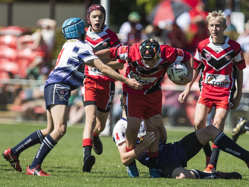 Boston Norton pushes through for Valleys against Brothers in under-13 boys Toowoomba Junior Rugby League grand final at Clive Berghofer Stadium, Saturday, September 11, 2021. Picture: Kevin Farmer