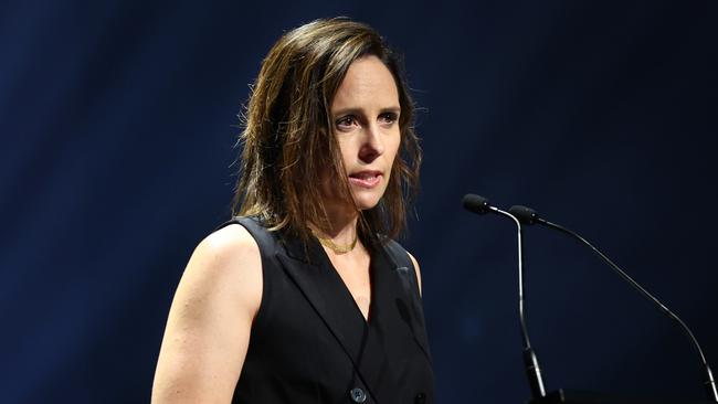 MELBOURNE, AUSTRALIA - NOVEMBER 25: Kelly Ryan, Netball Australia CEO speaks during the 2023 Australian Netball Awards at The Forum on November 25, 2023 in Melbourne, Australia. (Photo by Graham Denholm/Getty Images)