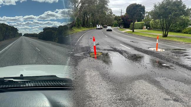 A South Australian road on the left, compared to a Victorian road after storms on the right.