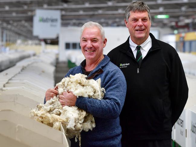 LIVESTOCK: Brooklyn WoolstoresWool growers at the Brooklyn WoolstoresPICTURED: Wool grower Tim Carland from Beaufort with Ted Wilson Fine Wool Specialist from Nutrien. Picture: Zoe Phillips