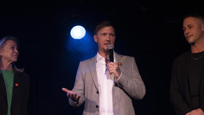 John Farnham's son, Robert Farnham with Gaynor Wheatley for the Yes campaign at the Corner Hotel Melbourne. Picture: Arsineh Houspian.