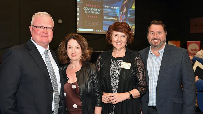 The Sunshine Coast Business Council rallied politicians and experts in a variety of industries to come together to explore and map out the Sunshine Coasts future. The forum is called the Combined Government & Business Forum. Pictured, Ross Elliot from APP, Sunshine Coast Business Council Chair Sandy Zubrinich, Member for Maroochydore Fiona Simpson and Member for Glass House Andrew Powell.