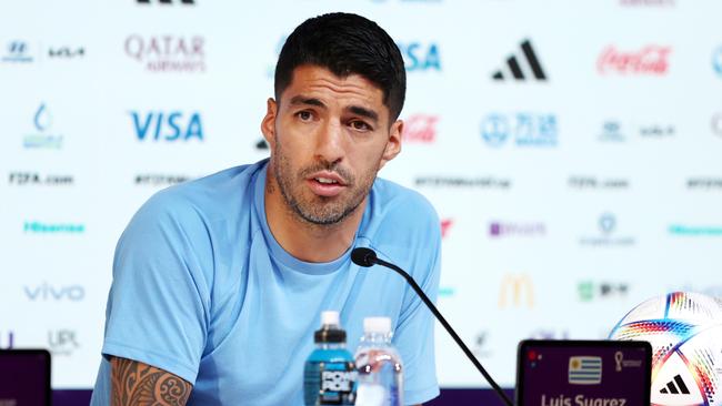 Luis Suarez speaks to the media in Doha, Qatar. Picture: Getty Images