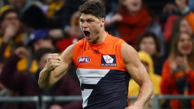 The hulking Jonathon Patton would replace Jarryd Roughead in the Hawks’ forwardline and play alongside Mitchell Lewis and Jack Gunston. Picture: Getty Images