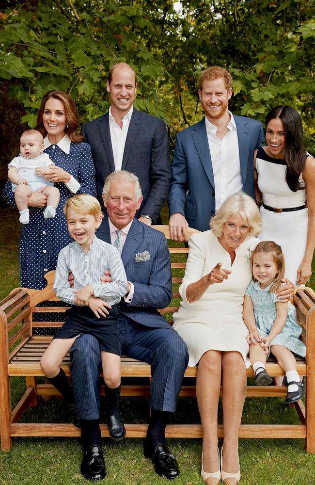 Prince Charles and Camilla with William, Harry, Meghan, Kate, George, Charlotte and Louis. Picture: AFP