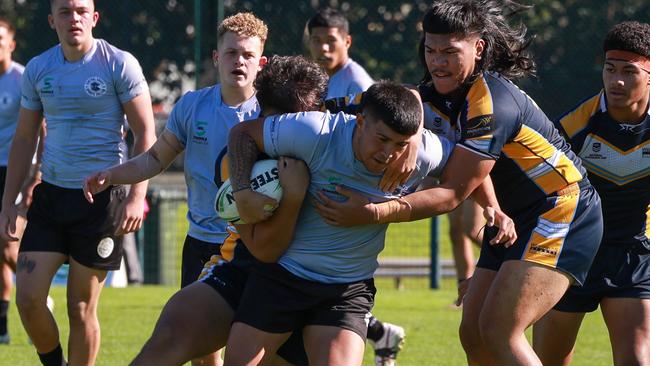 Daily Telegraph. 23, May, 2024.2024 School Boy Cup.Central CoastÃs Devonte VaotuÃua and Westfields Malcolm Mailo, during Westfields Sports High v Central Coast Sports College, at McCredie Park, in Guildford, today.Picture: Justin Lloyd.