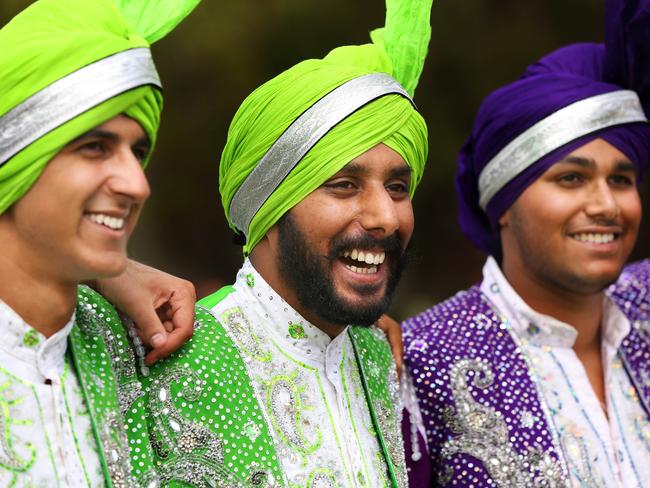 Ministry of Bhangra performers Harjyot Deogun, Manpreet Singh and Ajay Deogan prepare to entertain the crowds. Picture: Angelo Velardo