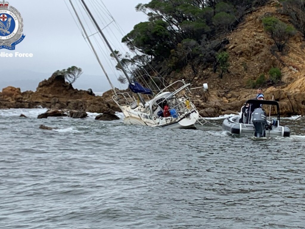 The yacht was stranded no the rocks in Eden NSW.