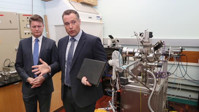 Chief scientific officer and co-founder of Quantum Brilliance Marcus Doherty, right, with Victorian Deputy Premier Ben Carroll at La Trobe University last year. Picture: NCA NewsWire/David Crosling