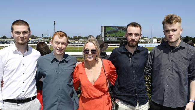 Caulfield Guineas horse race meeting, Caulfield, Victoria, Saturday 12th October 2024. Faces in the crowd. Pictured enjoying the race meeting are Jayson, Coby, Rachel, Jordan and Josh. Picture: Andrew Batsch