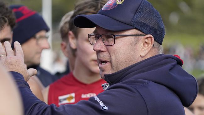 MPNFL Division 1: Frankston YCW v Mt Eliza. Mt Eliza coach coach addressing players. Picture: Valeriu Campan