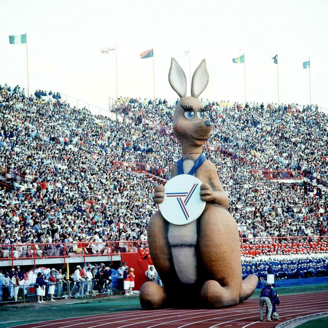 Matilda the iconic kangaroo glides around QEII Stadium during the opening ceremony for the 1982 Commonwealth Games.