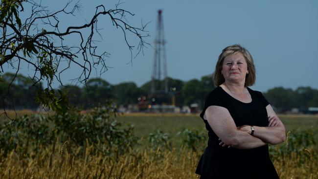 Lock the Gate Alliance member Ann Daw near Beach Energy's gas exploration rig just outside of Penola. Picture: Naomi Jellicoe