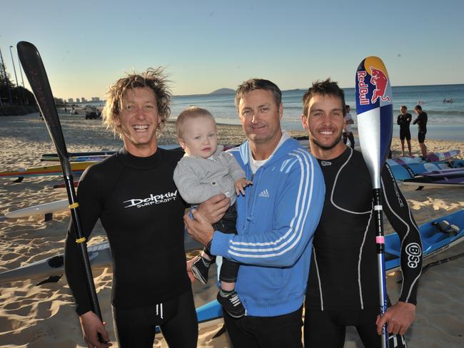 Ironmen Ali Day, left, and Matt Poole, with then coach Michael King and his son Kobe in 2012. Photo: Brett Wortman / Sunshine Coast Daily