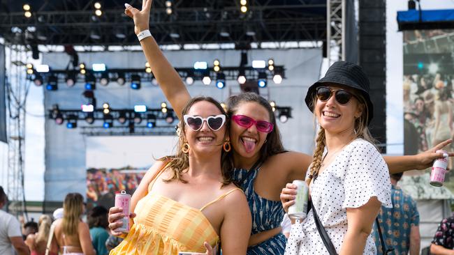 Franny Earp, Jacqui Sjogren and Lauren Mather at The Grass is Greener Festival at the Cairns Showgrounds in 2021. The festival returns on October 29. Picture: Emily Barker.