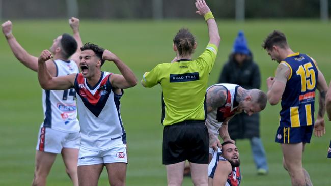 EDFL: St Albans players celebrate on the siren. Picture: Andy Brownbill