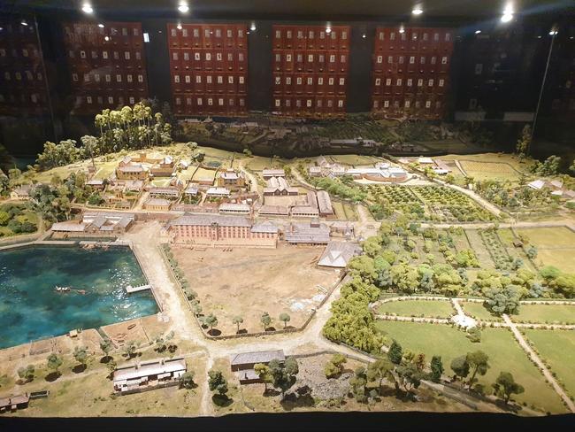 The huge 3.5 metre by 2.5 metre three-dimensional model of Port Arthur is built to scale and depicts the site in 1870. The model was created in 1973 by Tasmanian artist Audrey Flockart, who spent more than two years creating the exact scale of the site and all its details by hand. It includes more than 50 buildings, accurate topography, waterways, scale and shapes for all of the buildings from the convict period. Picture: Supplied