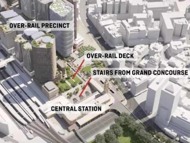 Ambitious plans to build towers over railway lines at Central Station revealed. , , A giant deck will be constructed over the regional and intercity rail lines which terminate at Central, allowing about 15 buildings between four and 34 storeys to emerge above. A pedestrian avenue up to 24 metres wide – and larger than Pitt Street mall – will separate buildings.