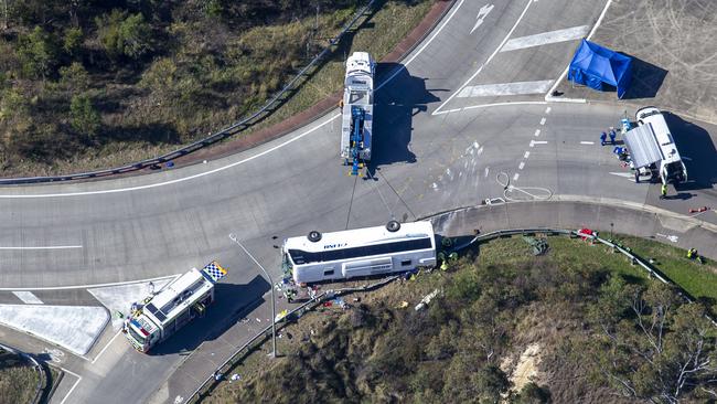 JUNE, 2023: Aerial scene coverage at Greta where ten people died, and 11 people were hospitalised after a bus carrying wedding guests crashed in the Hunter Valley. Picture: NCA NewsWire / Christian Gilles