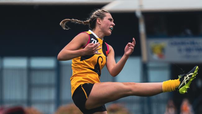 Charley Ryan takes a kick for the Stingrays during her dominant performance. Pic: Jazz Bennett