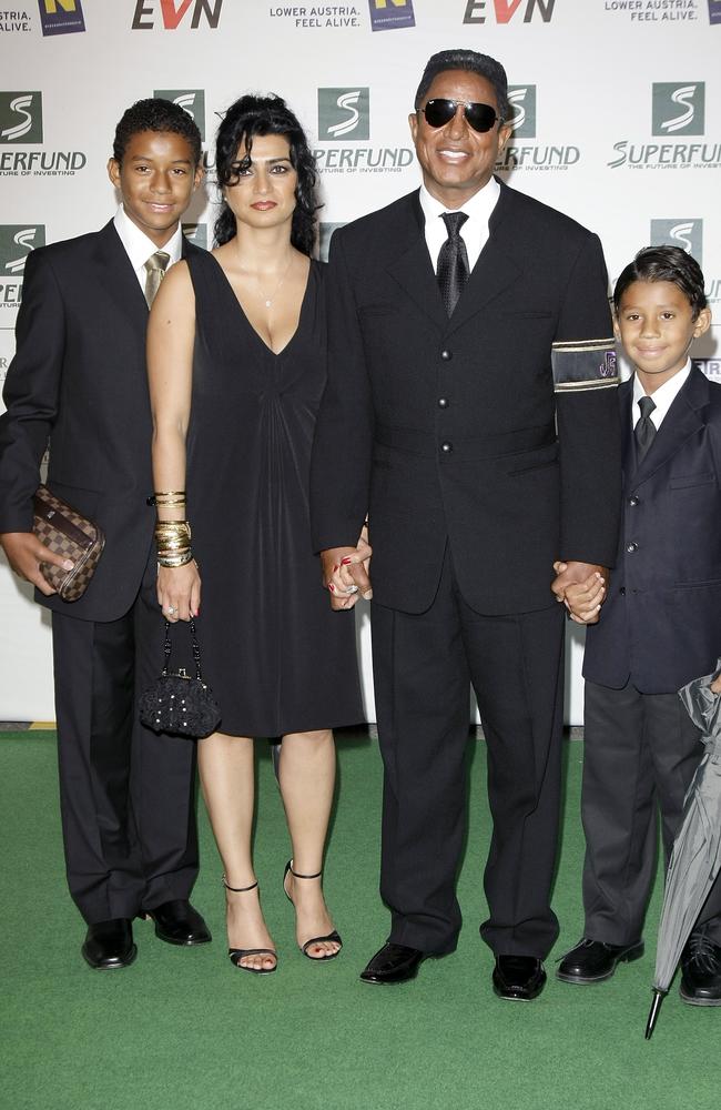 Jermaine Jackson with his then wife Halima Rashid, and his sons Jaafar (L) and Jermajesty (R) the month after Michael died in July 2009. Picture: Florian Seefried/Getty Images