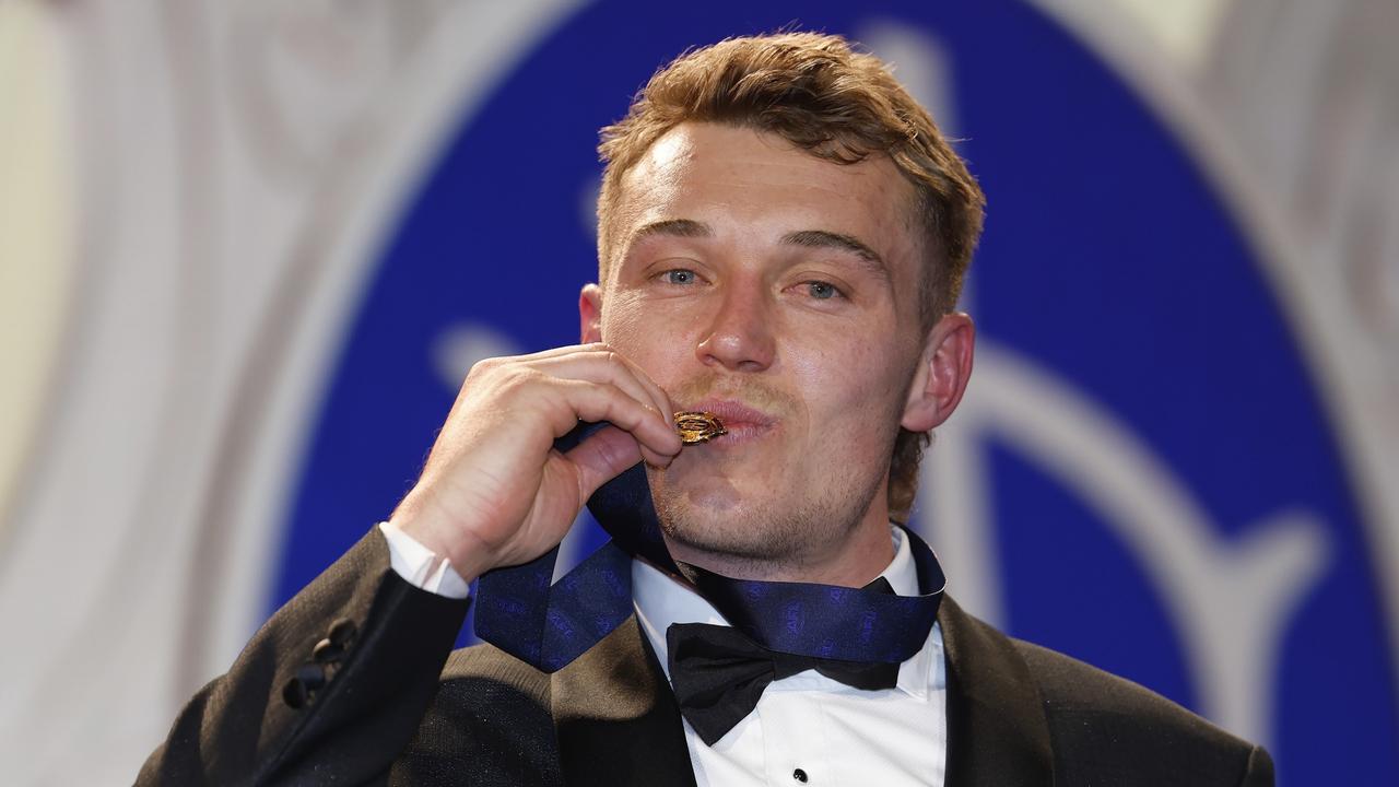 Patrick Cripps won his second Brownlow Medal with a record 45 votes on Monday night. Picture: Michael Klein