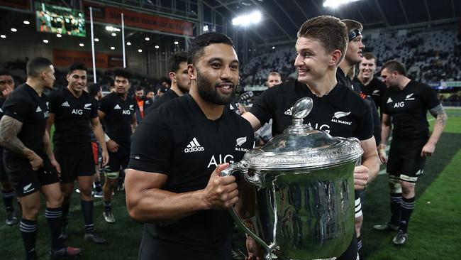 Lima Sopoaga and Beauden Barrett of the All Blacks with the Bledisloe Cup.