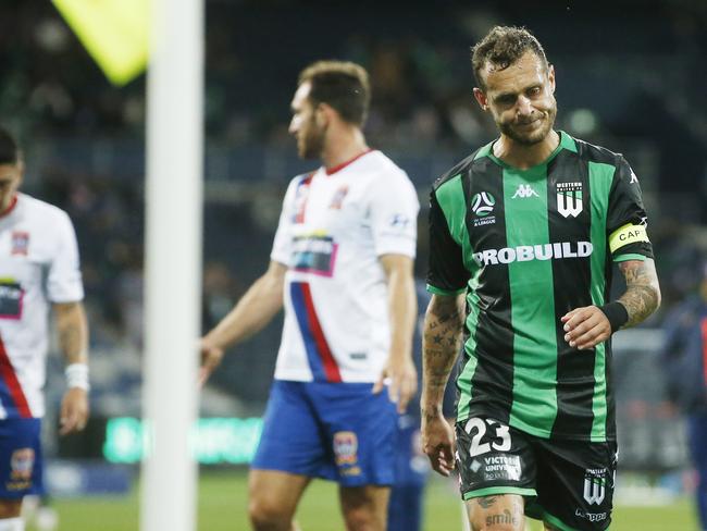 Alessandro Diamanti's expression as United left the field one nil down at half time. Western United v Newcastle Jets at GMHBA Stadium on Saturday night. United recorded their first home loss of the season after succumbing to a first half goal from Newcastle's Angus Thurgate. Picture: Alan Barber