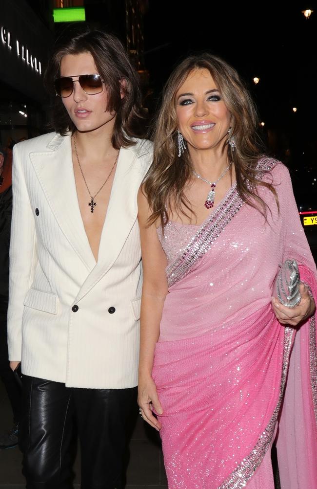 Model mum and son Liz and Damian Hurley glammed up for a charity dinner in London. Splash/Backgrid