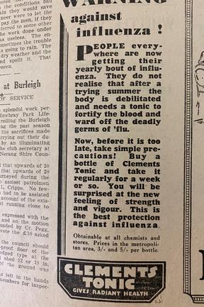 Clements Tonic put forward as the cure for influenza. Gold Coast Bulletin advertising, 1930.