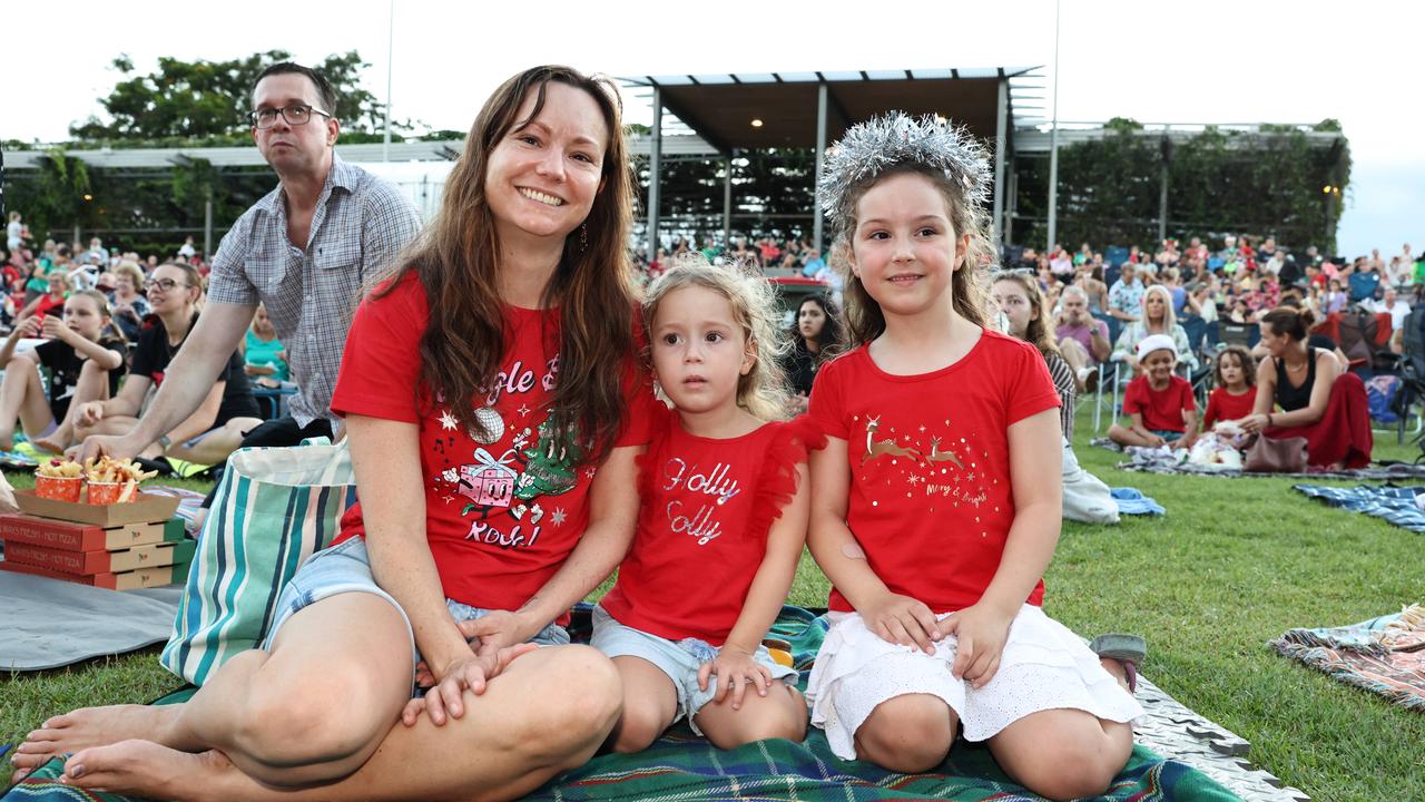 Lisa Stubbs, Marli Stubbs, 4, and Zahra Stubbs, 6, at the Carols in the Park, held at Munro Martin Parklands. Picture: Brendan Radke