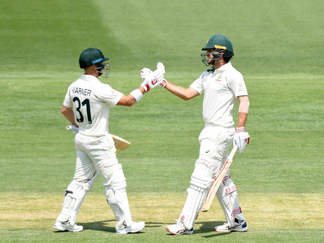 Joe Burns (R) celebrates with David Warner during their monster first-wicket partnership. Picture: Getty