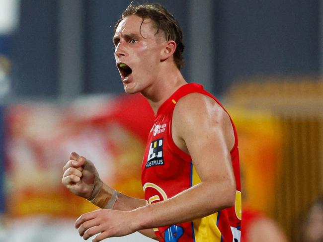 DARWIN, AUSTRALIA - MAY 11: Sam Clohesy of the Suns celebrates a goal during the 2024 AFL Round 09 match between the Gold Coast SUNS and North Melbourne Kangaroos at TIO Stadium on May 11, 2024 in Darwin, Australia. (Photo by Dylan Burns/AFL Photos via Getty Images)