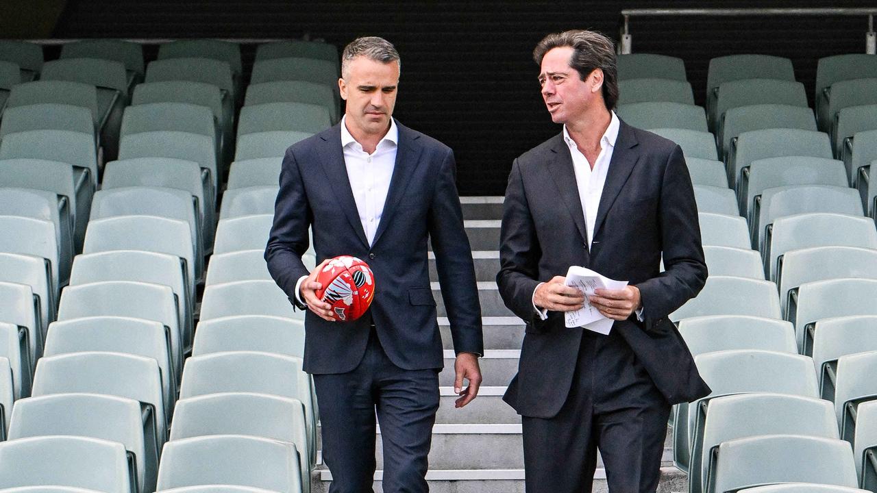 South Australian Premier Peter Malinauskas and AFL CEO Gillon McLachlan at Adelaide Oval in the lead up to Gather Round. Picture: NCA NewsWire / Brenton Edwards